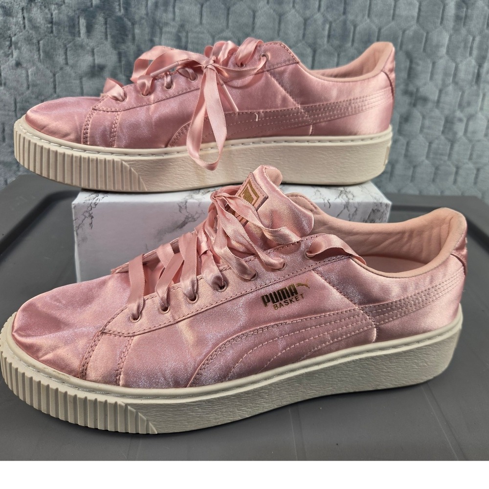 Puma Basket Platform Satin Pink Rose Gold Sneakers 365719-01 Womens 10